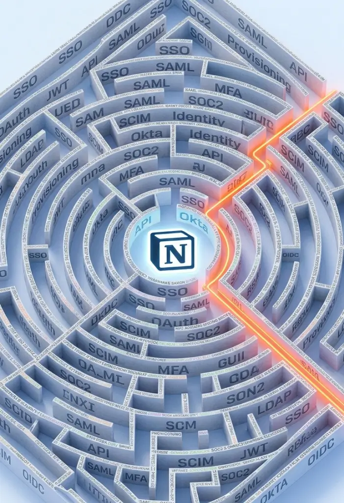 Labyrinthe de sigles techniques Notion (SSO, IDP, SCIM, SAML) avec un chemin vers la certification Notion Certified Admin